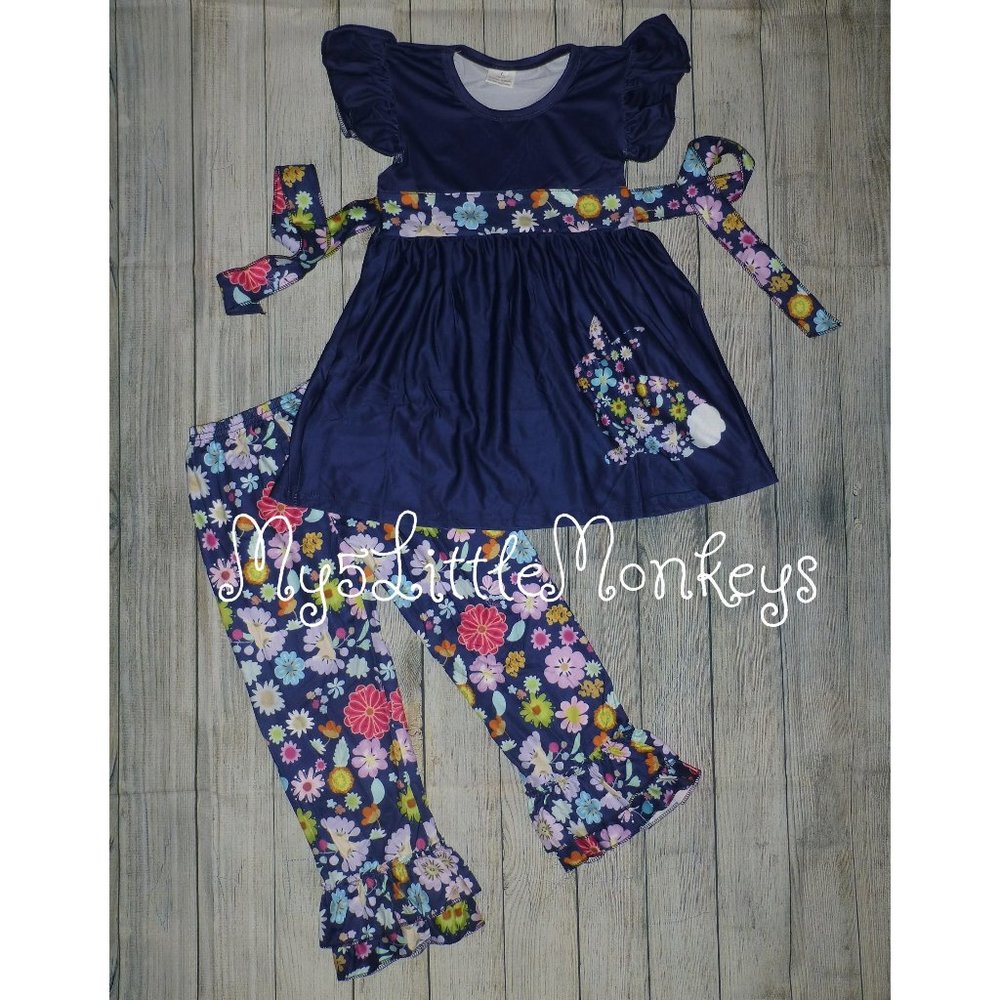 Boutique Easter Bunny Tunic Dress Floral Leggings Girls Outfit Set